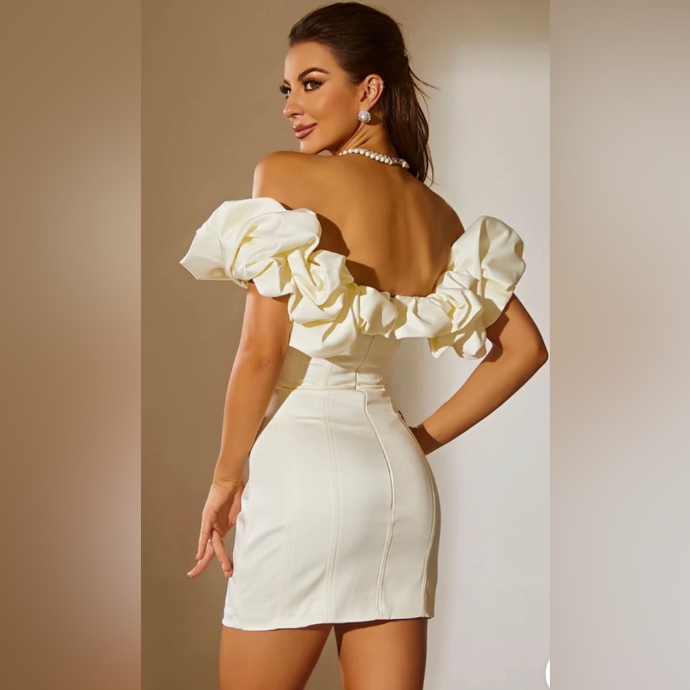 Ivory Satin Ruffle Off Shoulder Dress in XS NWT